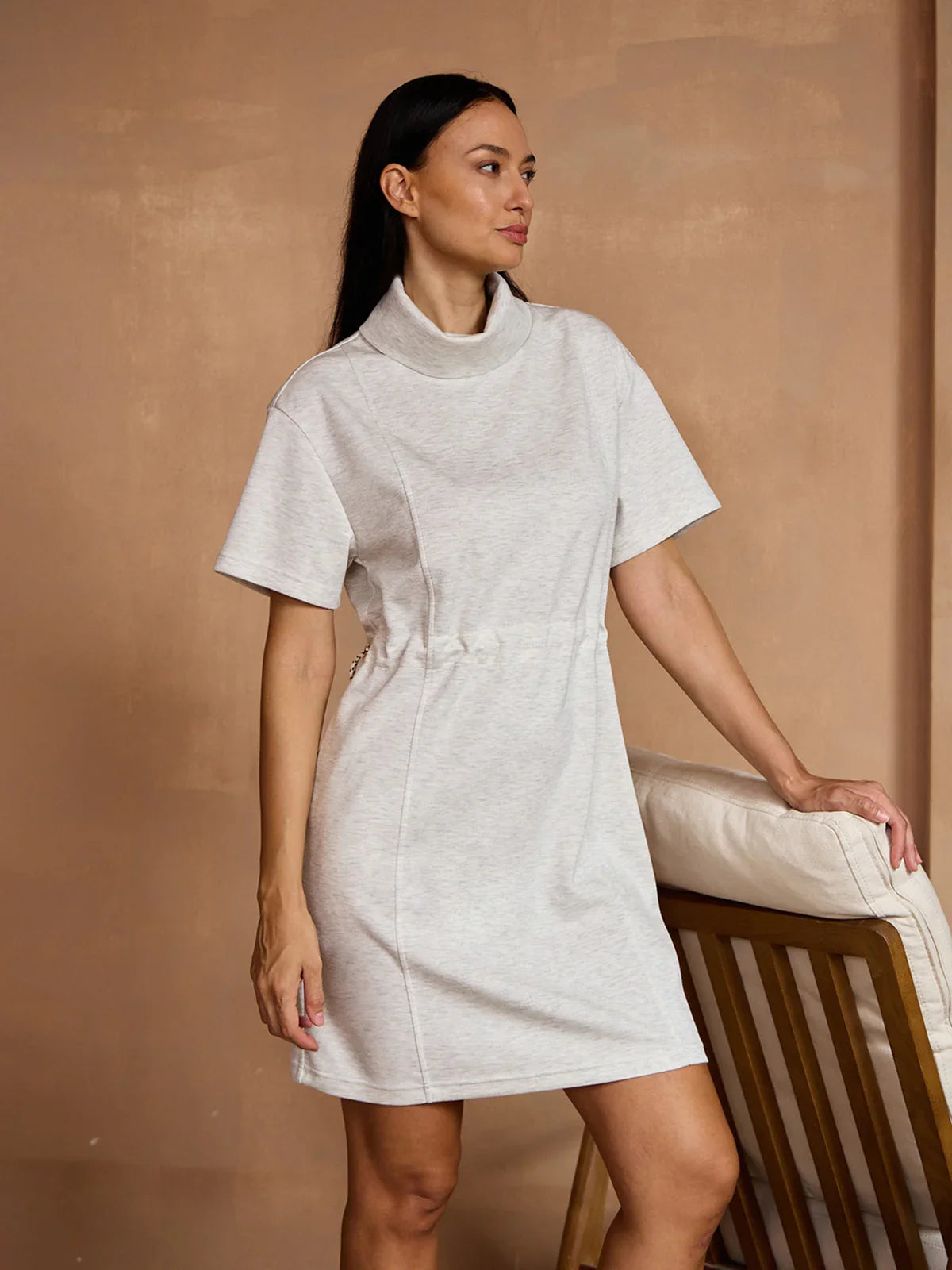 UltraSoft Short Sleeve Drawstring Mock Neck 37 Inch Dress, Ivory / L UltraSoft Short Sleeve Drawstring Mock Neck 37 Inch Dress, Ivory / L