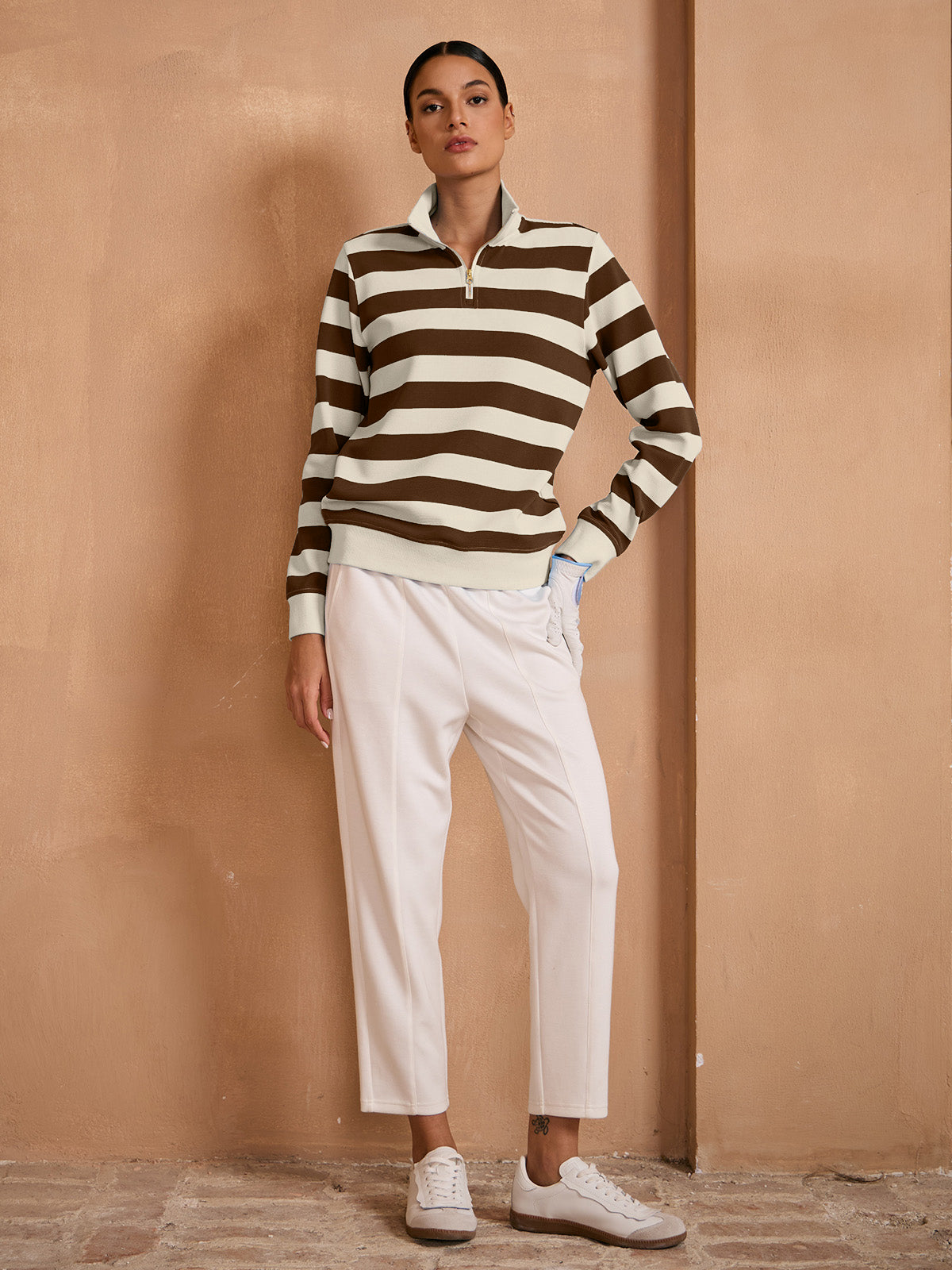More Than Basic Striped Waffle Textured Golf Sweatshirt