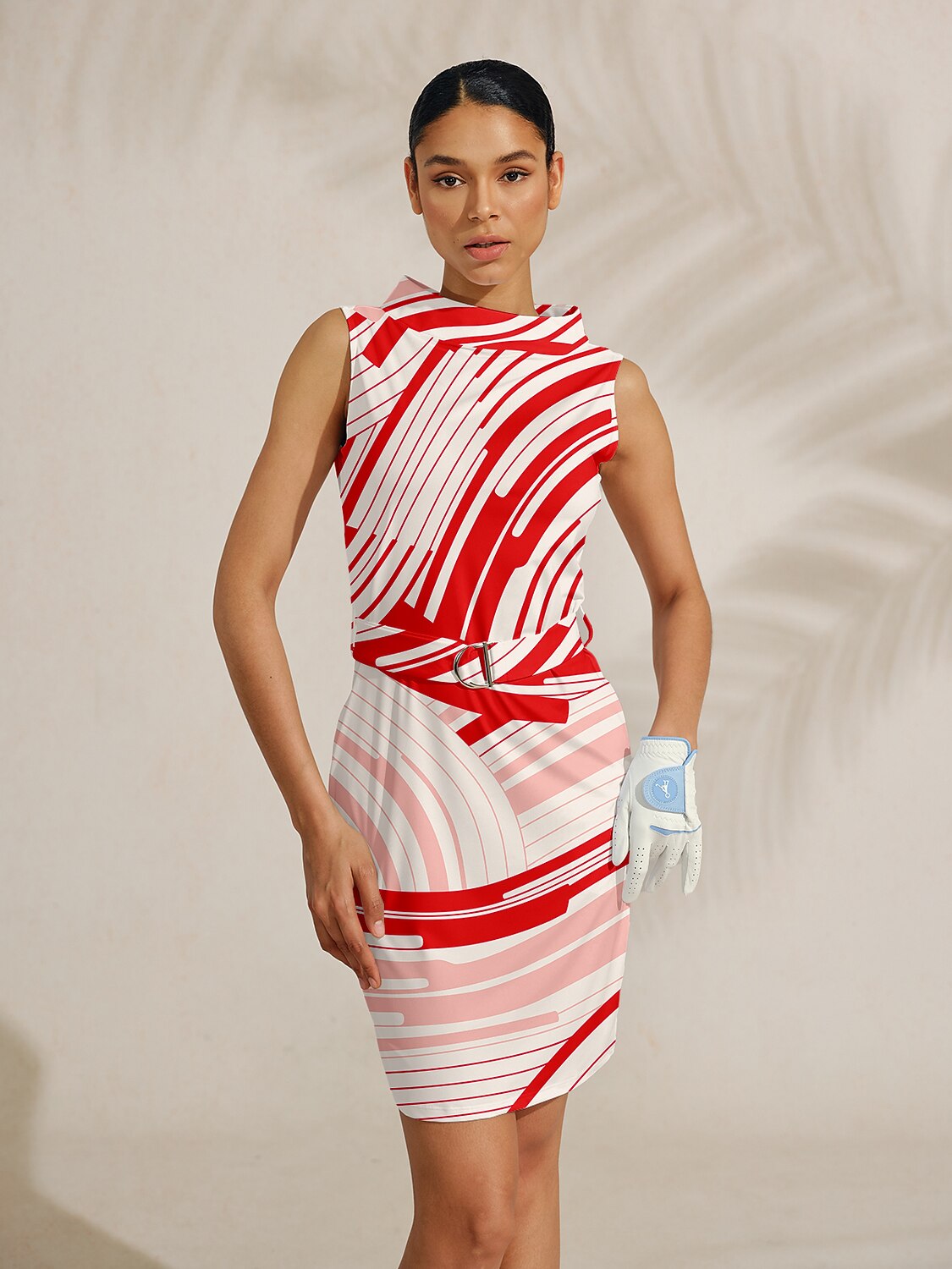 Women's Golf Dress White and Red Geometric Wave Print Sleeveless Mock Neck Athletic Dress with Belt Ladies Golf Attire, Red / L
