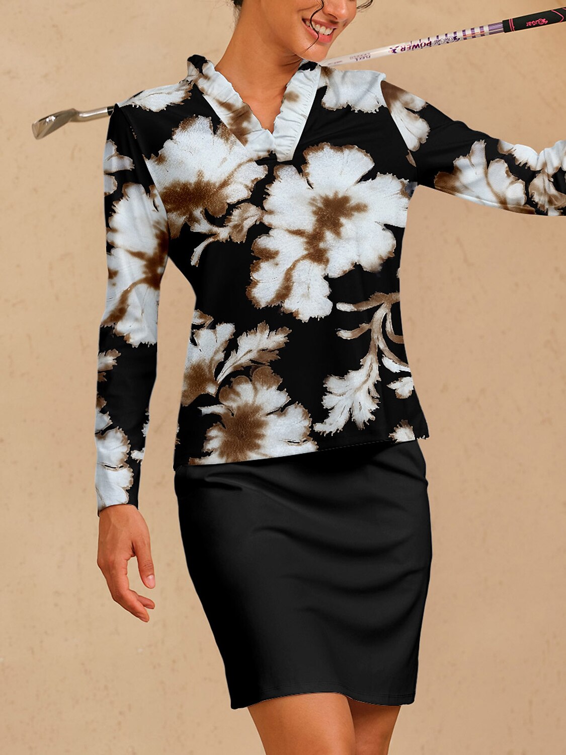 Inked Skins ラッフルVネックシルキーポロトップ UPF50+