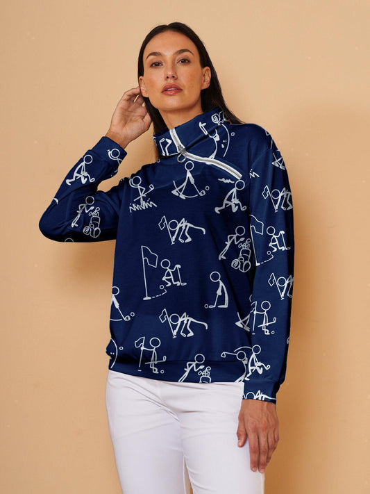 Woman wearing a navy blue long sleeve golf pullover with white golf pattern prints.