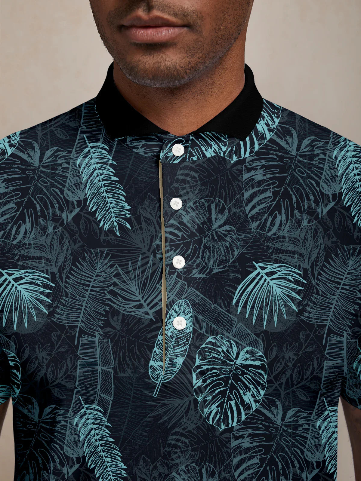Hyped-up Tropical Men's Ribbed Collar Polo Top UPF50+