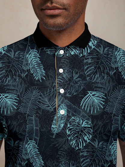 Hyped-up Tropical Men's Ribbed Collar Polo Top UPF50+
