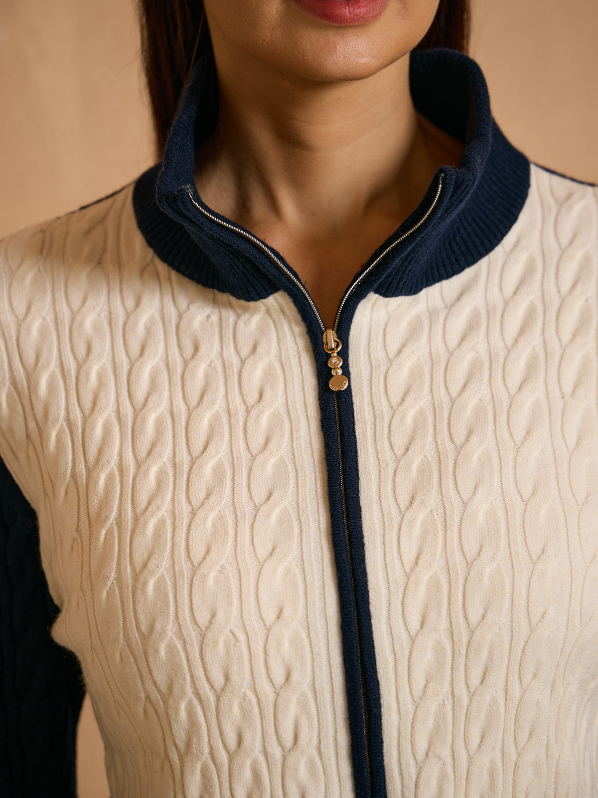 Naycore Color Block Full Zip Cable Knit Sweater