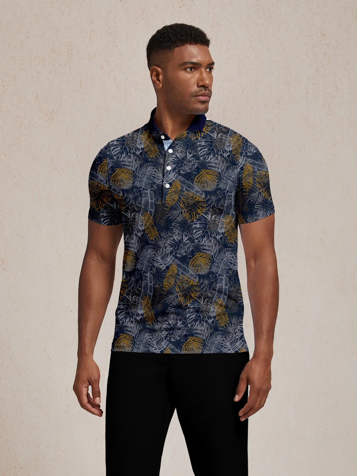 Hyped-up Tropical Men's Ribbed Collar Polo Top UPF50+