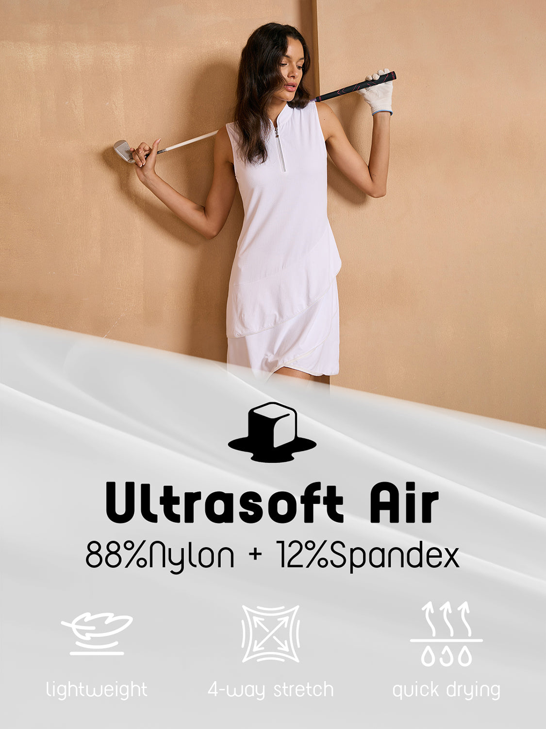 Abito premium ultrasoft senza maniche, rifinito asimmetrico, 93 cm, UPF50+