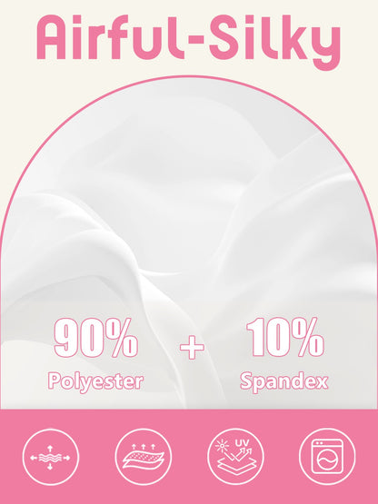 Airful-Silky fabric composition: 90% Polyester and 10% Spandex with performance icons.