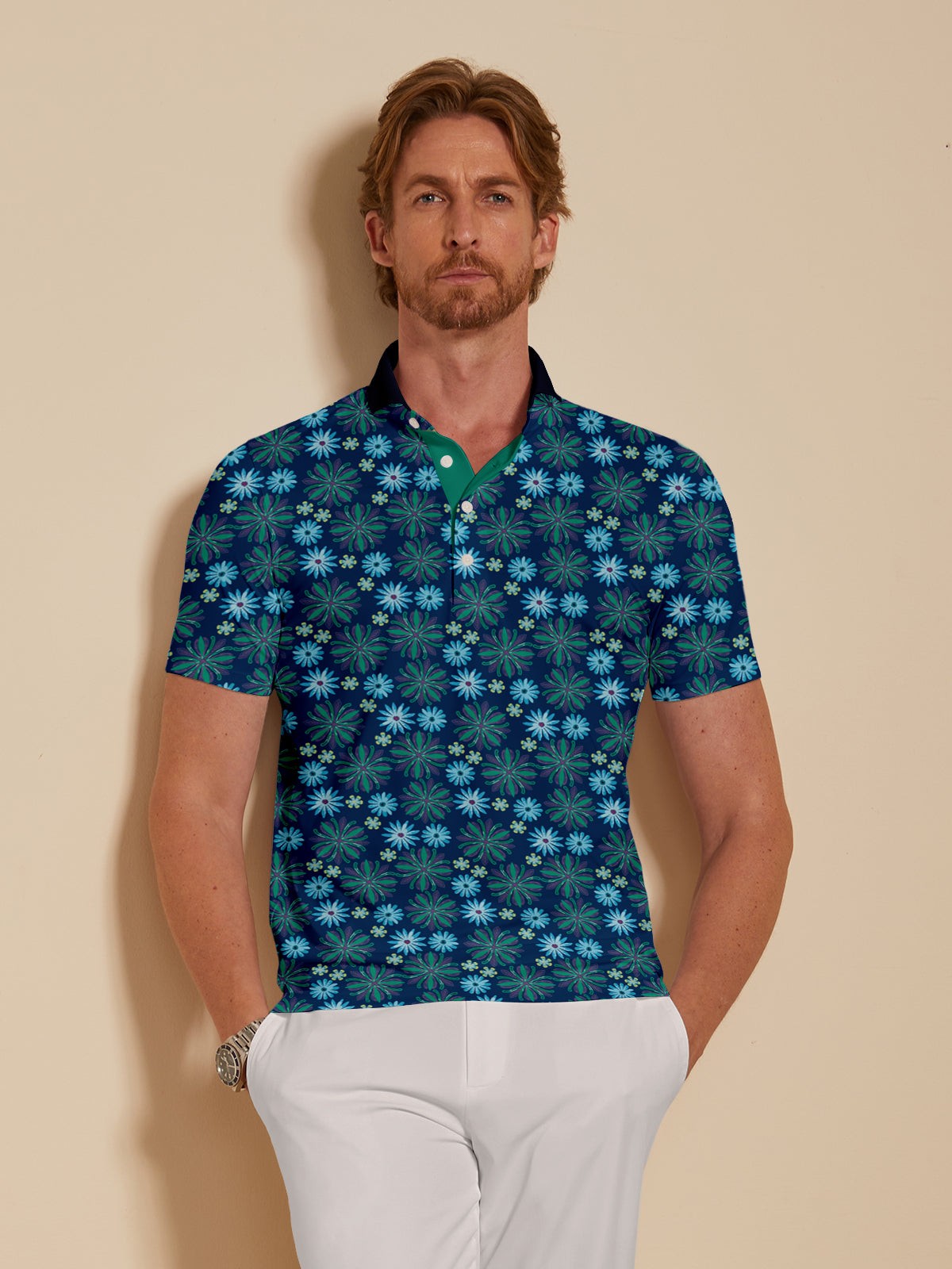 Hyped-up Tropical Men's Ribbed Collar Polo Top UPF50+