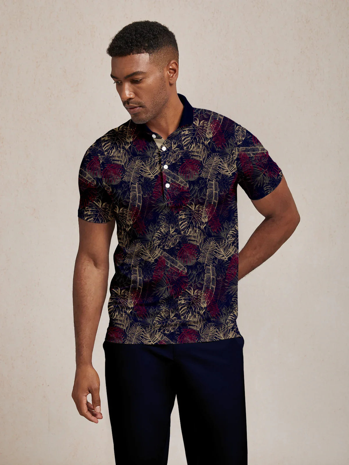 Hyped-up Tropical Men's Ribbed Collar Polo Top UPF50+