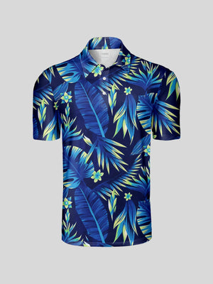 Men's short sleeve golf polo with blue tropical leaf and flower print