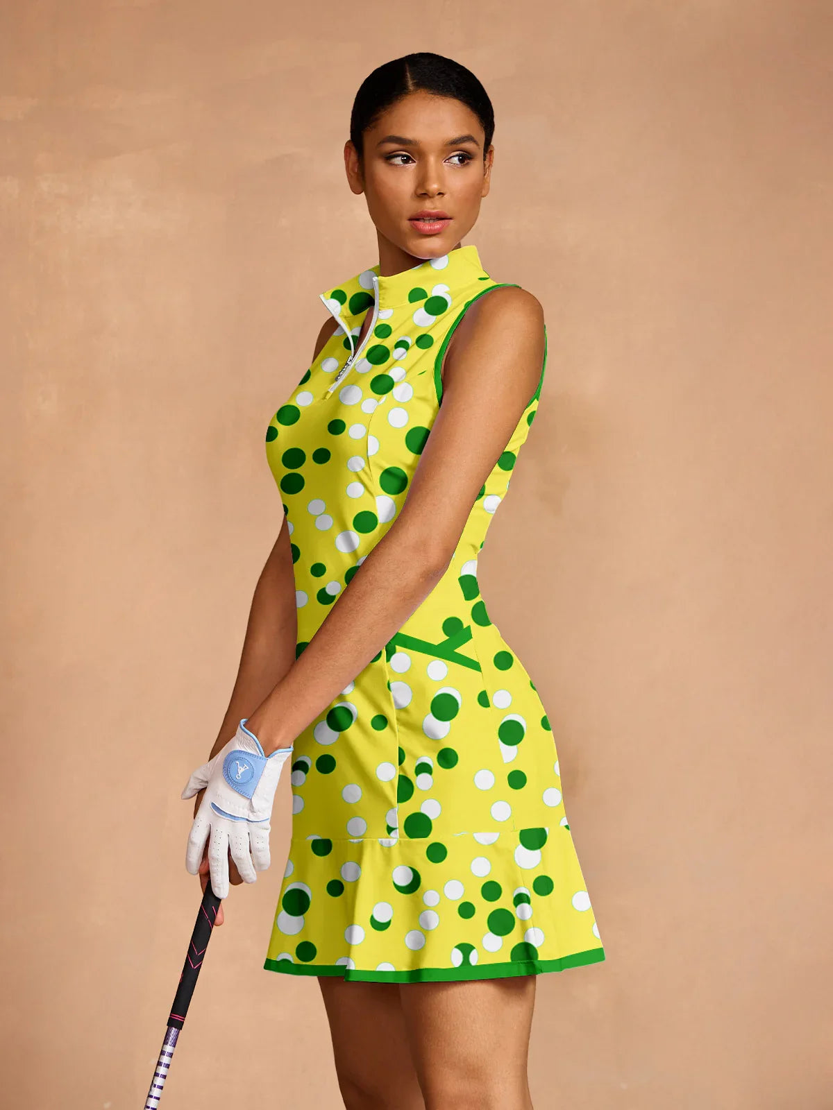 Brazil Polka Dot Ruffle Golf Dress Yellow Green Ladies Golf Attire Pickleball Tennis Female Clothes Outfits Wear Apparel, Yellow / XXL