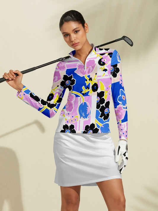 Camiseta de golf tropical vibrante de tacto sedoso con cremallera 1/4 UPF50+