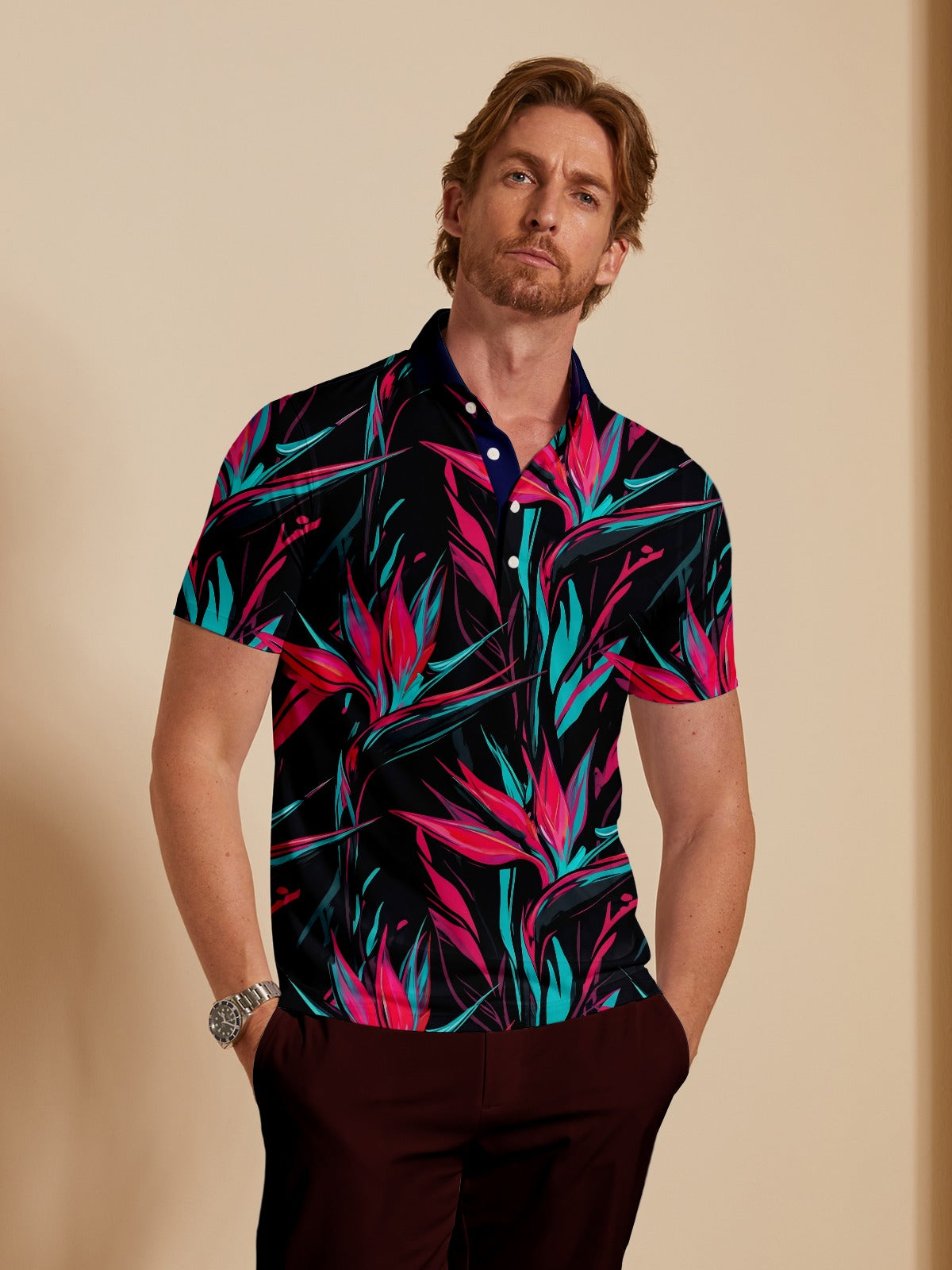 Botanical Energy Men's Ribbed Collar Polo Top UPF50+