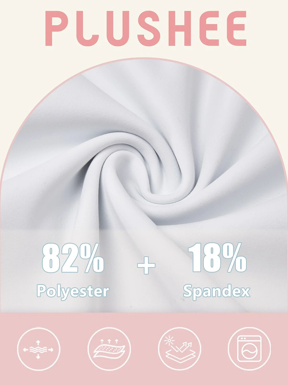 Close-up of white PLUSHEE performance fabric, 82% Polyester and 18% Spandex blend.
