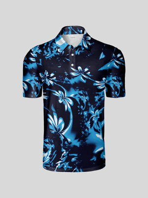 Men's navy blue and azure floral print performance golf polo shirt