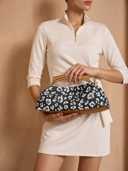 Leopard Jacquard Canvas Pleated Frame Bag