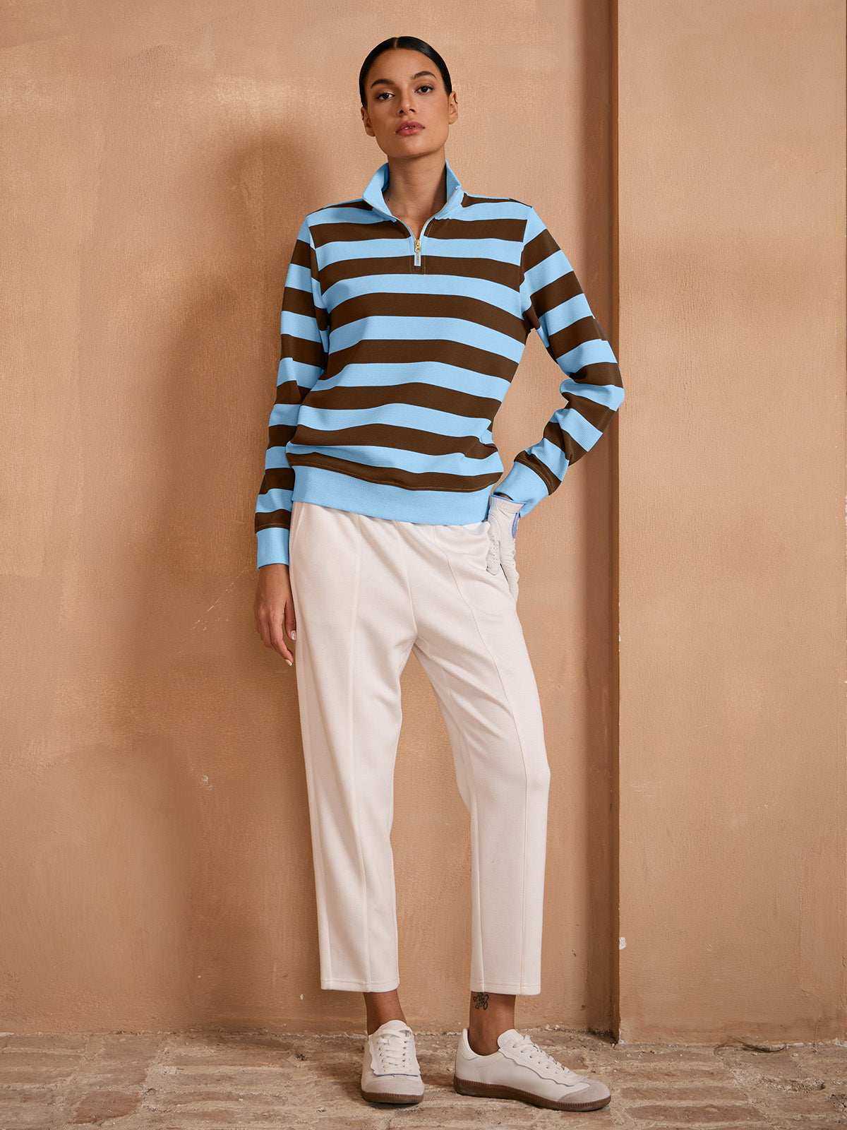 More Than Basic Striped Waffle Textured Golf Sweatshirt