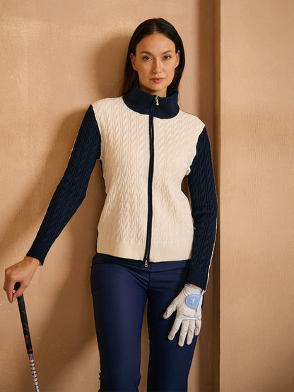 Naycore Color Block Full Zip Cable Knit Sweater