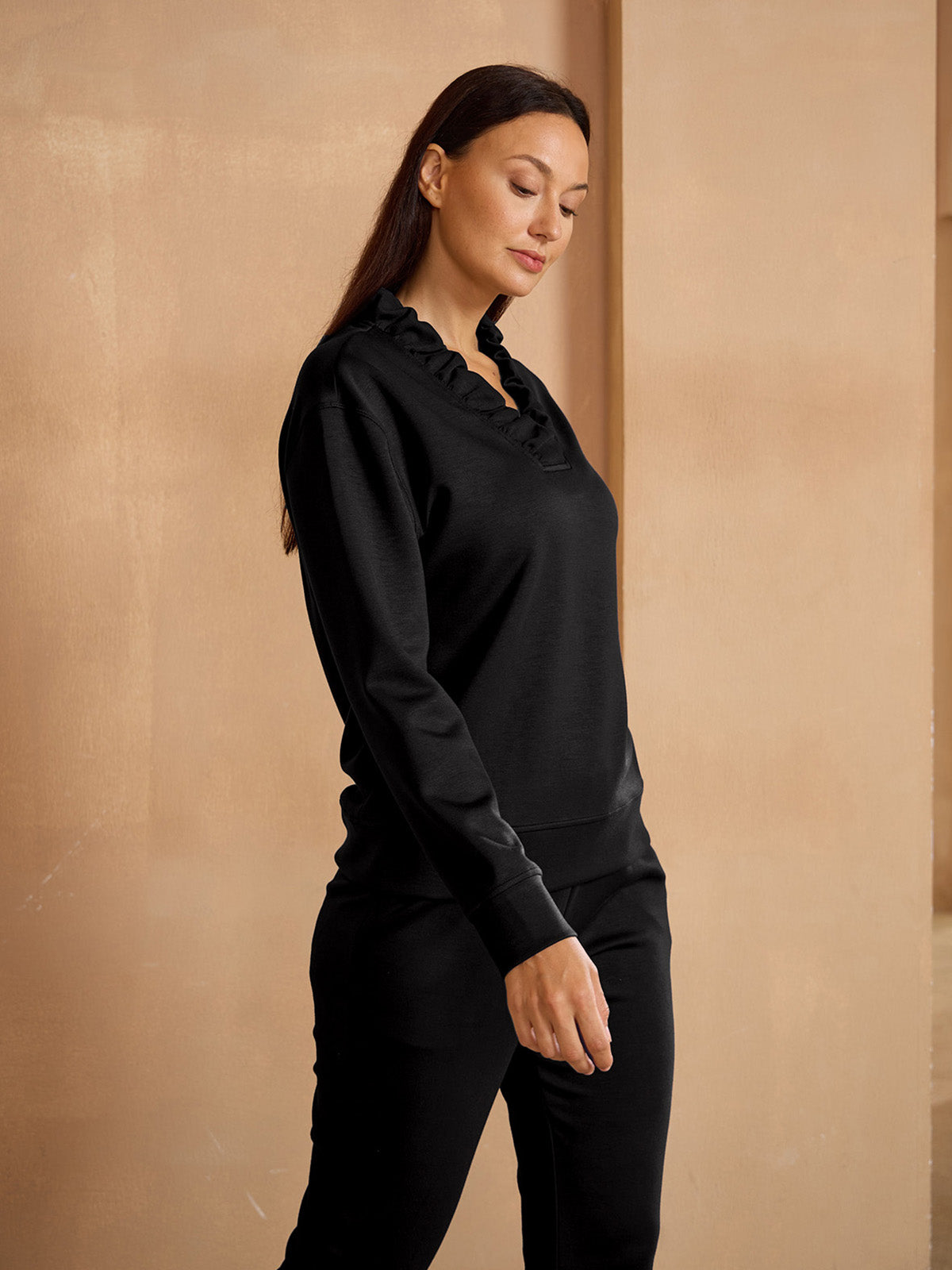 UltraSoft Long Sleeve Ruffle V-Neck Sweatshirt