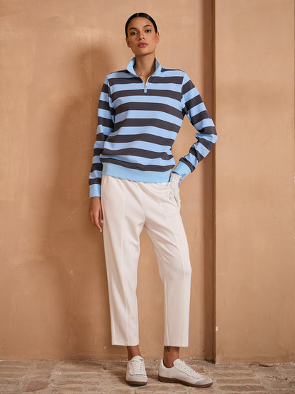 More Than Basic Striped Waffle Textured Golf Sweatshirt