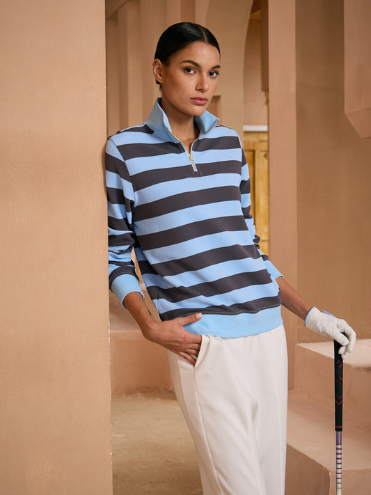 More Than Basic Striped Waffle Textured Golf Sweatshirt