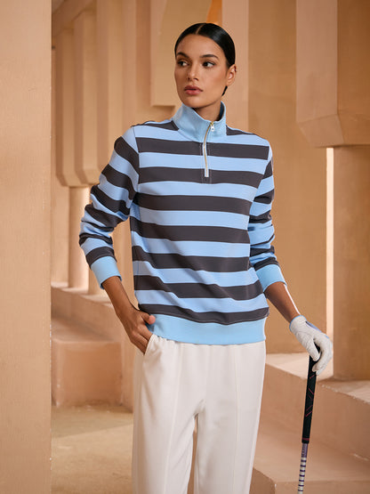 More Than Basic Striped Waffle Textured Golf Sweatshirt