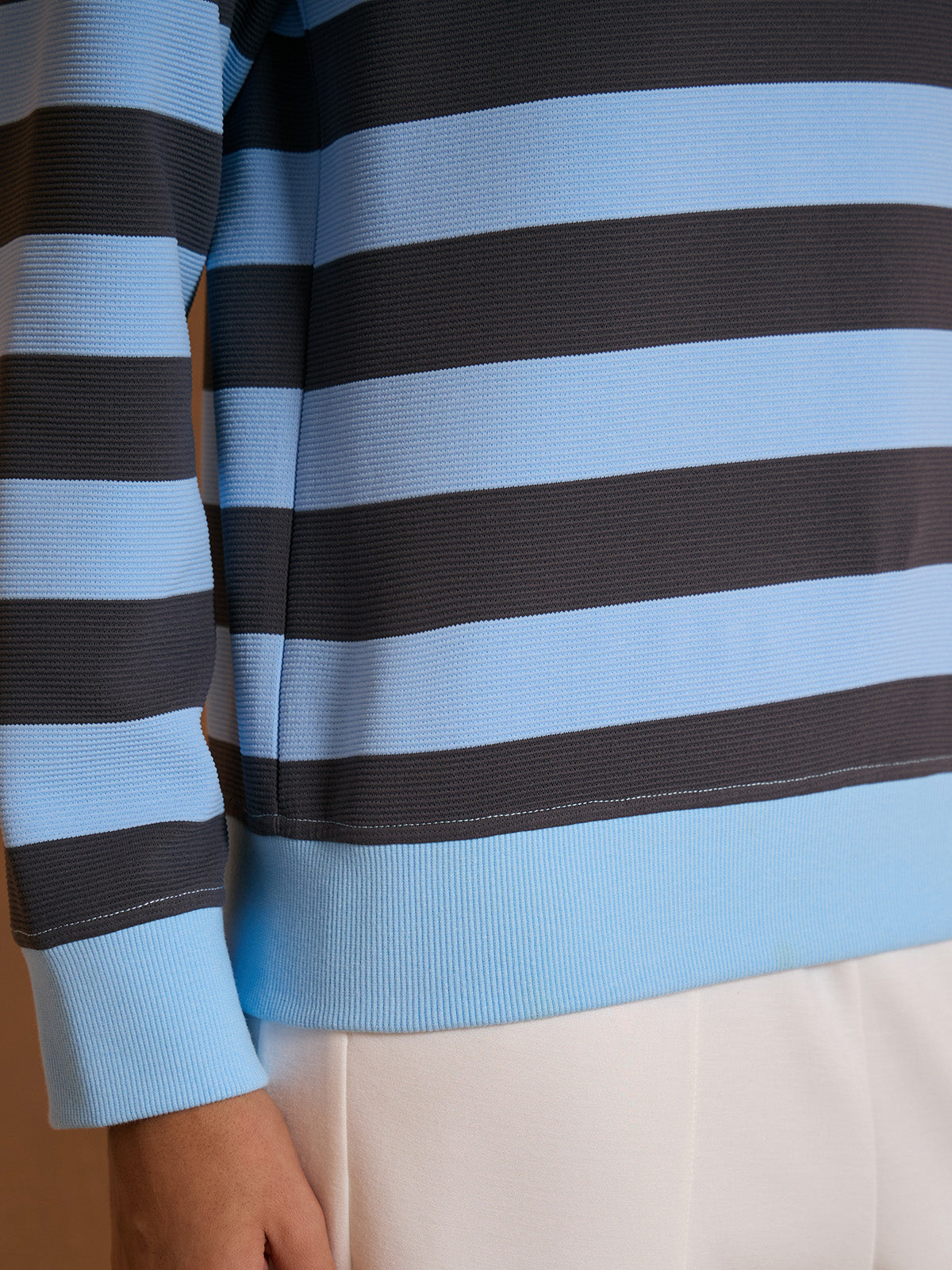 More Than Basic Striped Waffle Textured Golf Sweatshirt