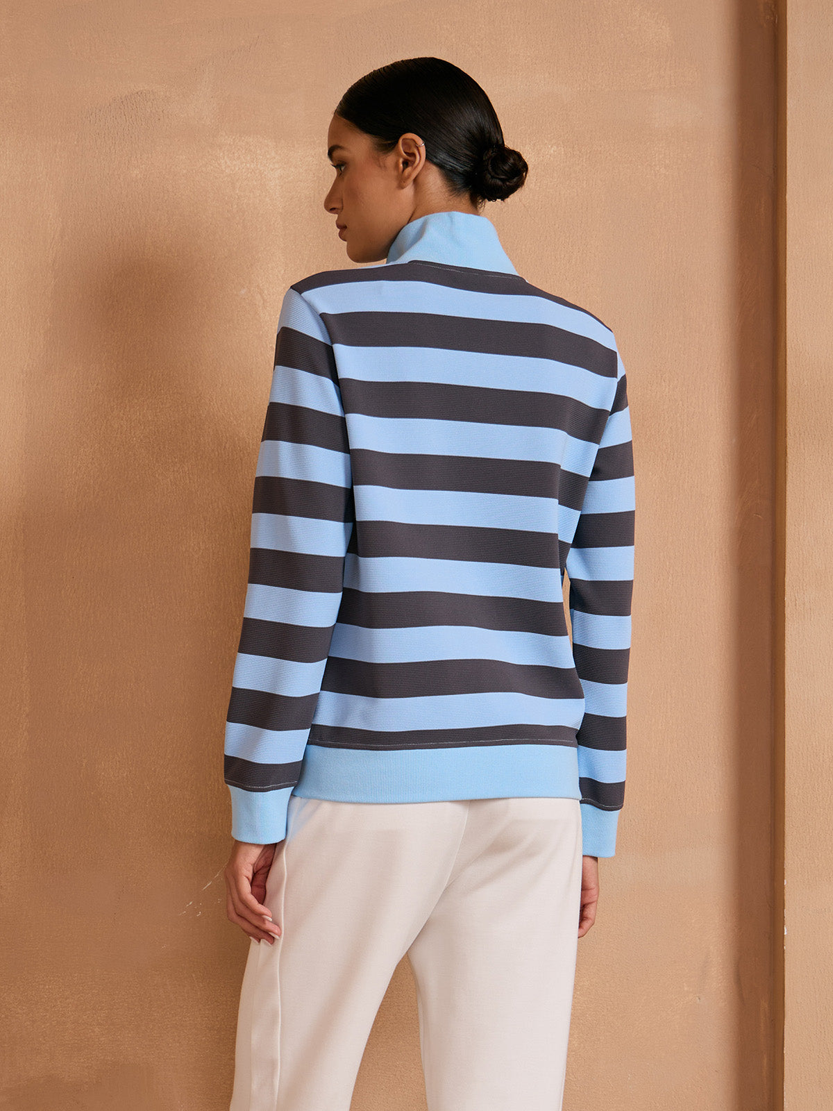 More Than Basic Striped Waffle Textured Golf Sweatshirt