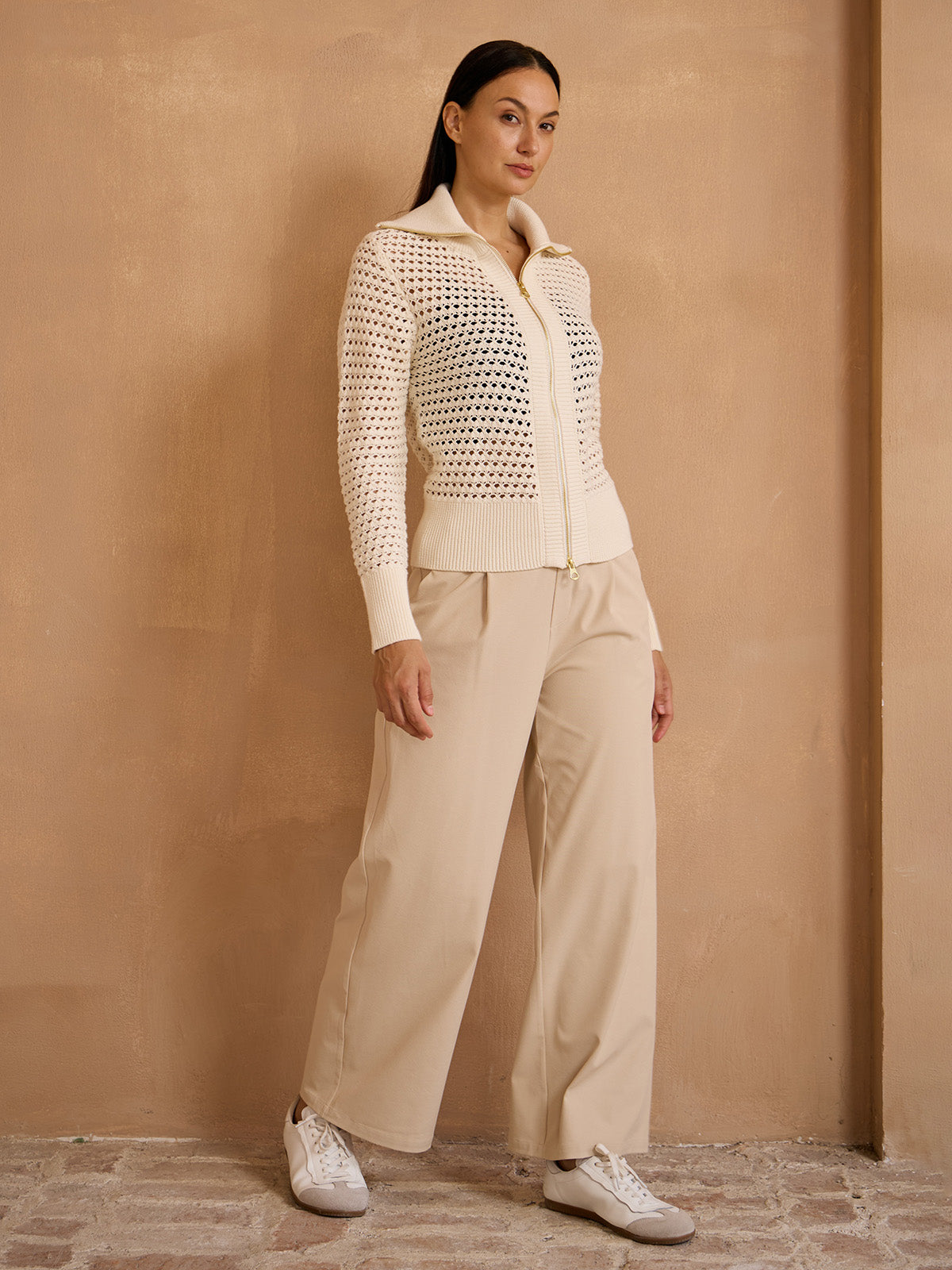 Crisp Couture Pointelle Knit Full Zip Cardigan