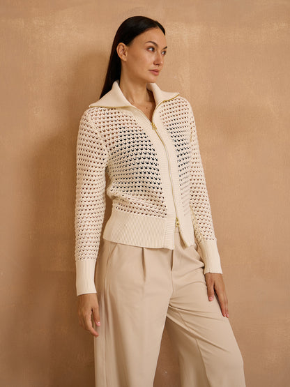 Crisp Couture Pointelle Knit Full Zip Cardigan