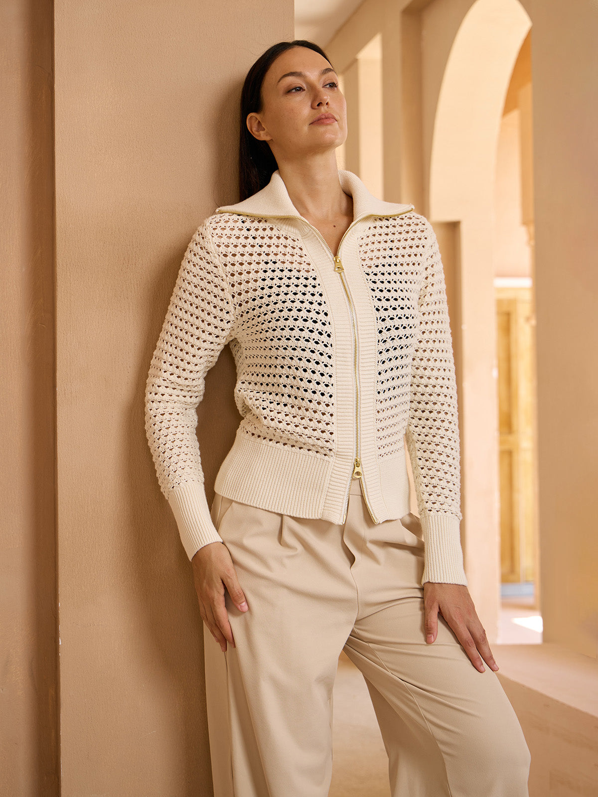 Crisp Couture Pointelle Knit Full Zip Cardigan