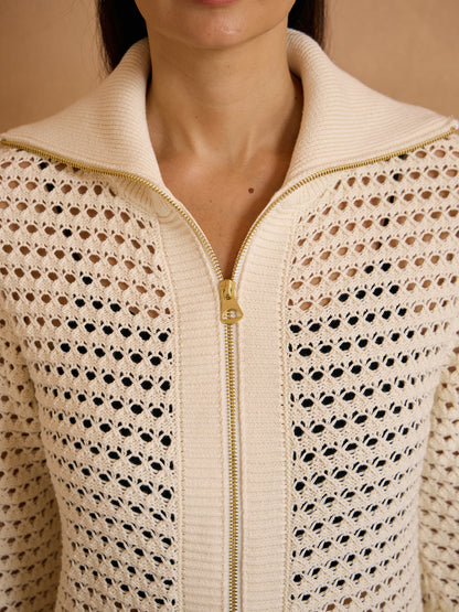 Crisp Couture Pointelle Knit Full Zip Cardigan
