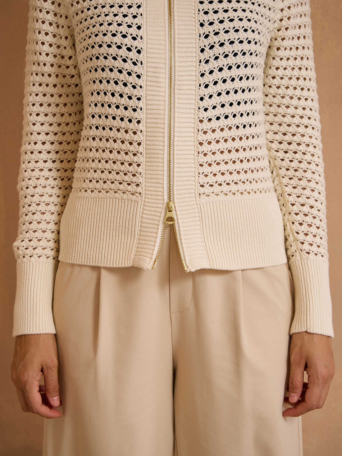 Crisp Couture Pointelle Knit Full Zip Cardigan
