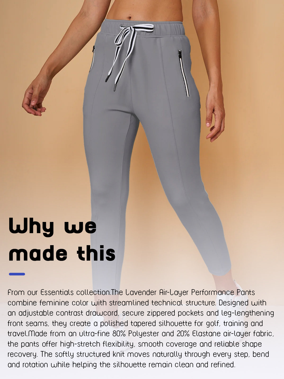 Women's grey performance golf pants with adjustable drawstring and zippered pockets.