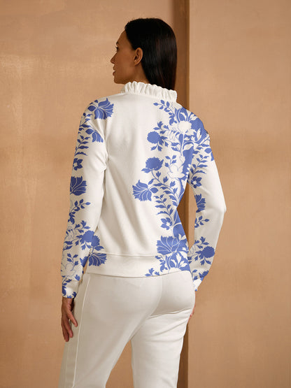 Botanical Energy Langarm-Rüschenpullover mit V-Ausschnitt