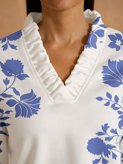 Botanical Energy Langarm-Rüschenpullover mit V-Ausschnitt