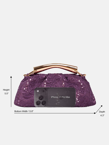 Borsa a mano Plum Shimmer con paillettes e pizzo