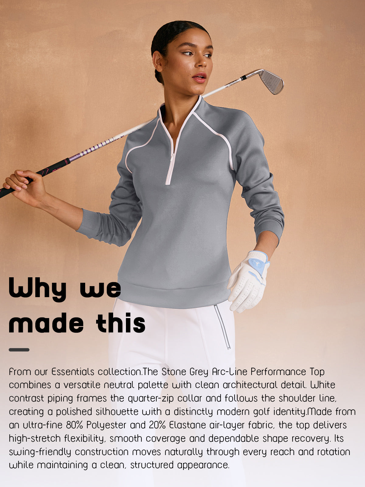 Woman wearing a stone grey quarter-zip performance golf top and golf glove holding a club.