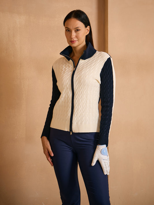 Naycore Color Block Full Zip Cable Knit Sweater