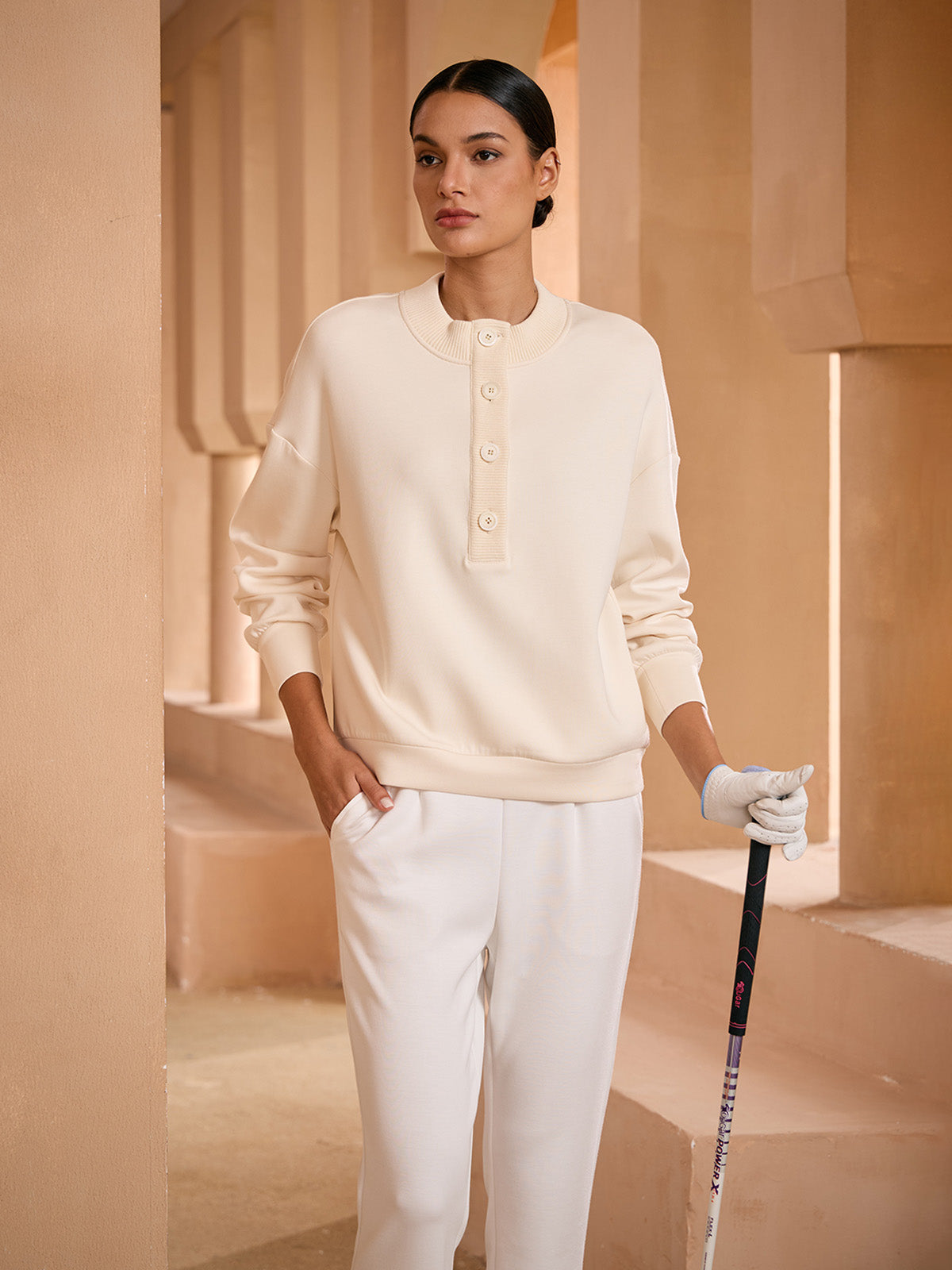 UltraSoft Wool Long Sleeve Stand Collar Button Sweatshirt