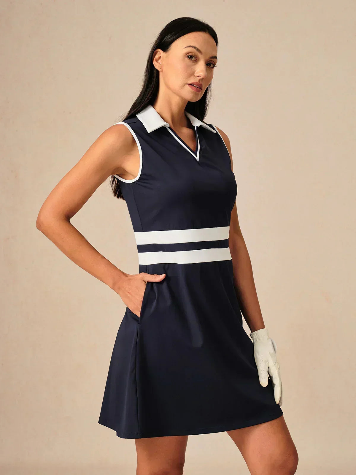 네이비코어 민소매 V넥 컬러 블록 드레스 UPF50+