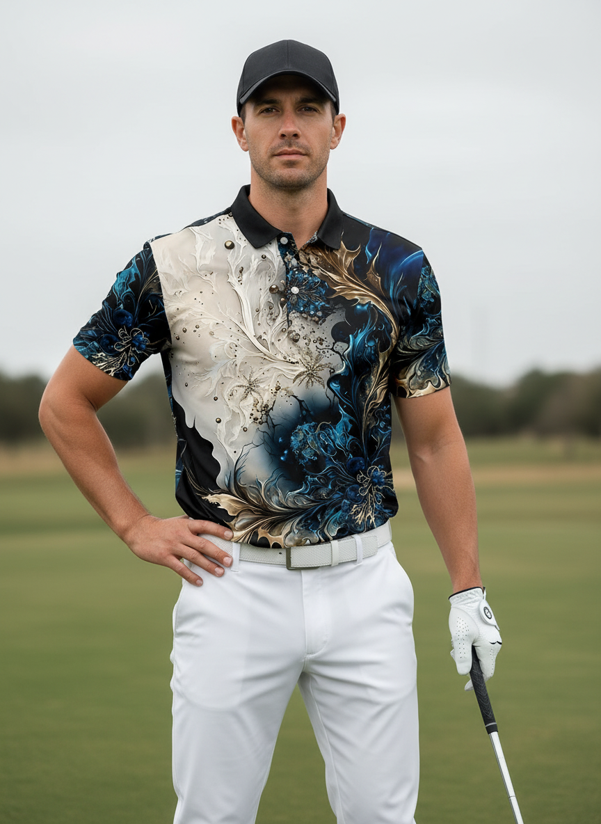 Botanical Energy Men's Ribbed Collar Polo Top UPF50+