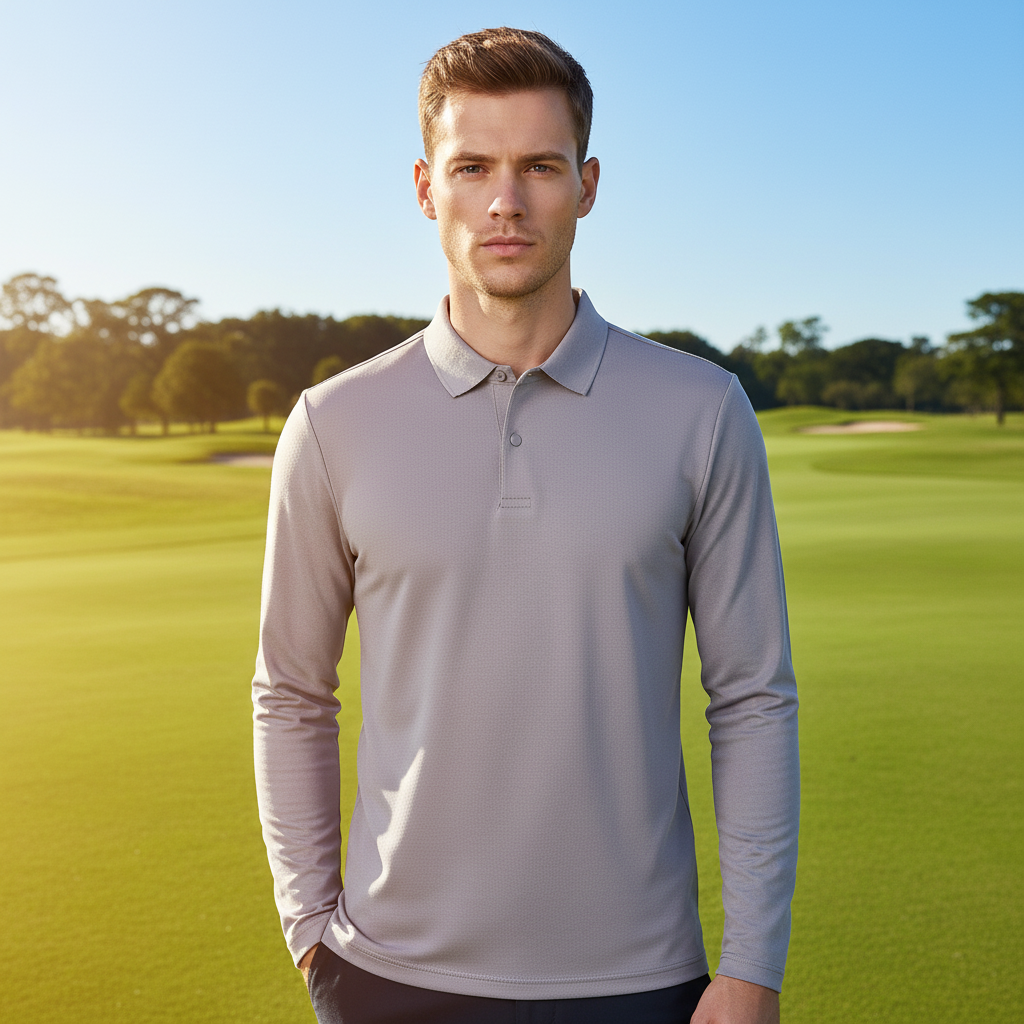 Aqua Wool Camisa Polo de Manga Larga para Hombre con Botones a Presión