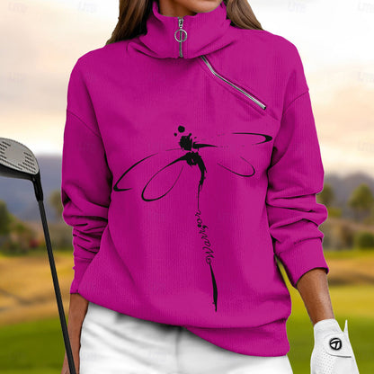 Women's magenta quarter-zip golf sweatshirt with black dragonfly warrior graphic.