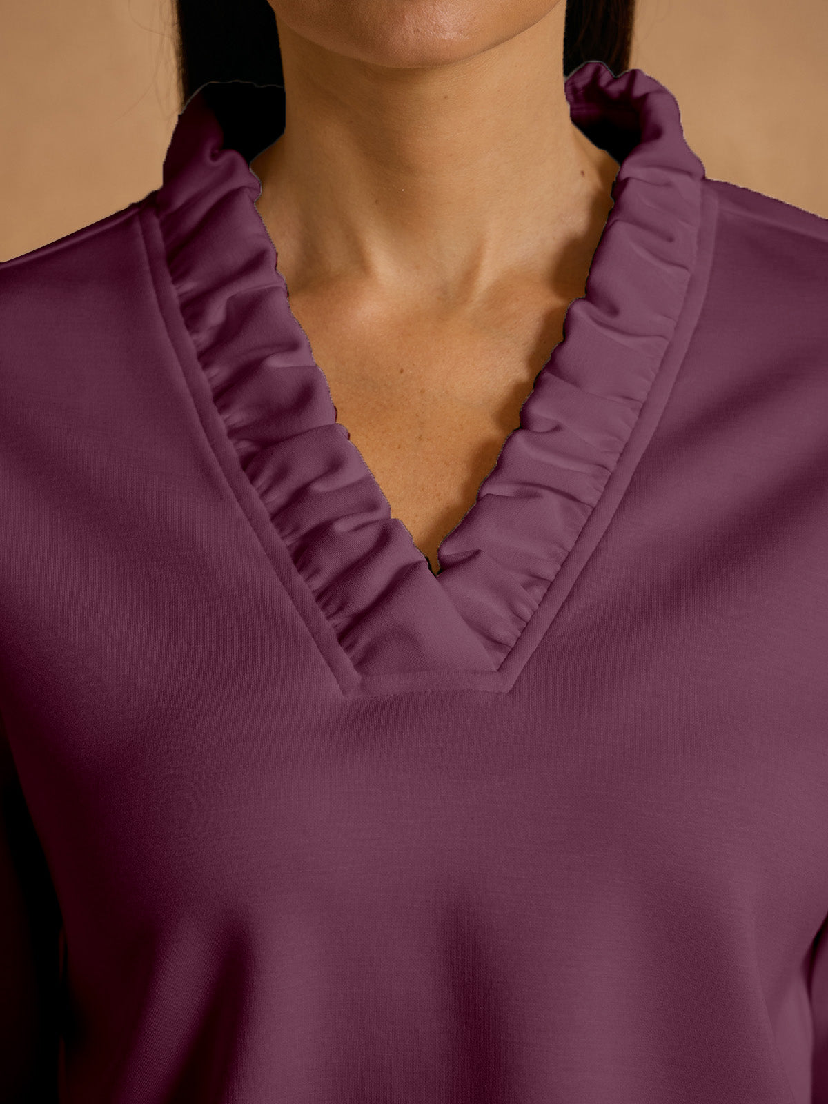 UltraSoft Long Sleeve Ruffle V-Neck Sweatshirt