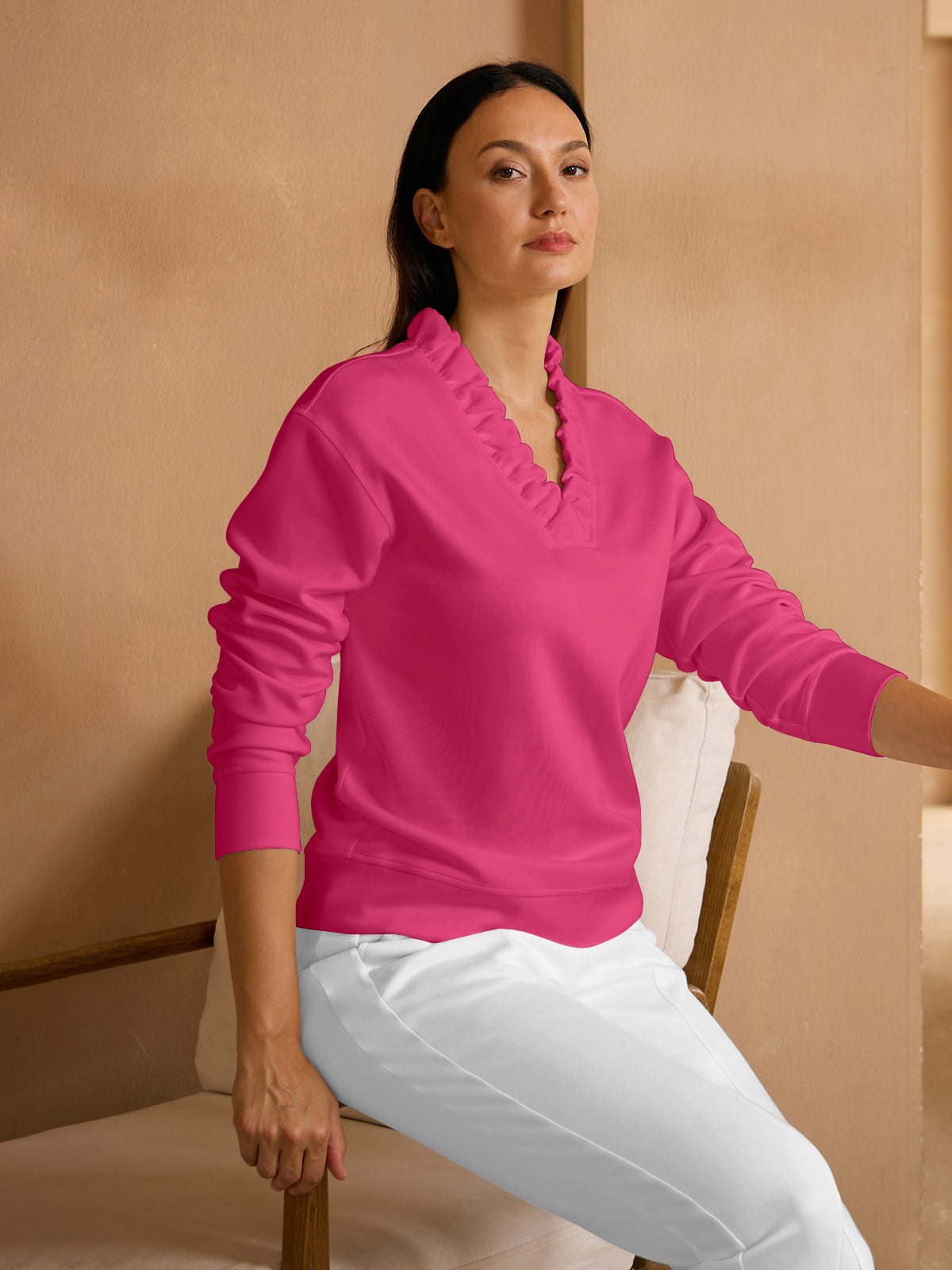 UltraSoft Long Sleeve Ruffle V-Neck Sweatshirt