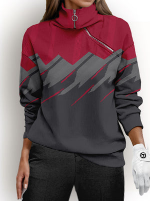 Women's red and grey geometric print quarter-zip performance golf pullover
