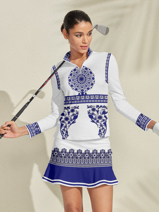 Elegante polo da golf femminile in seta con mezza zip e protezione UPF50+