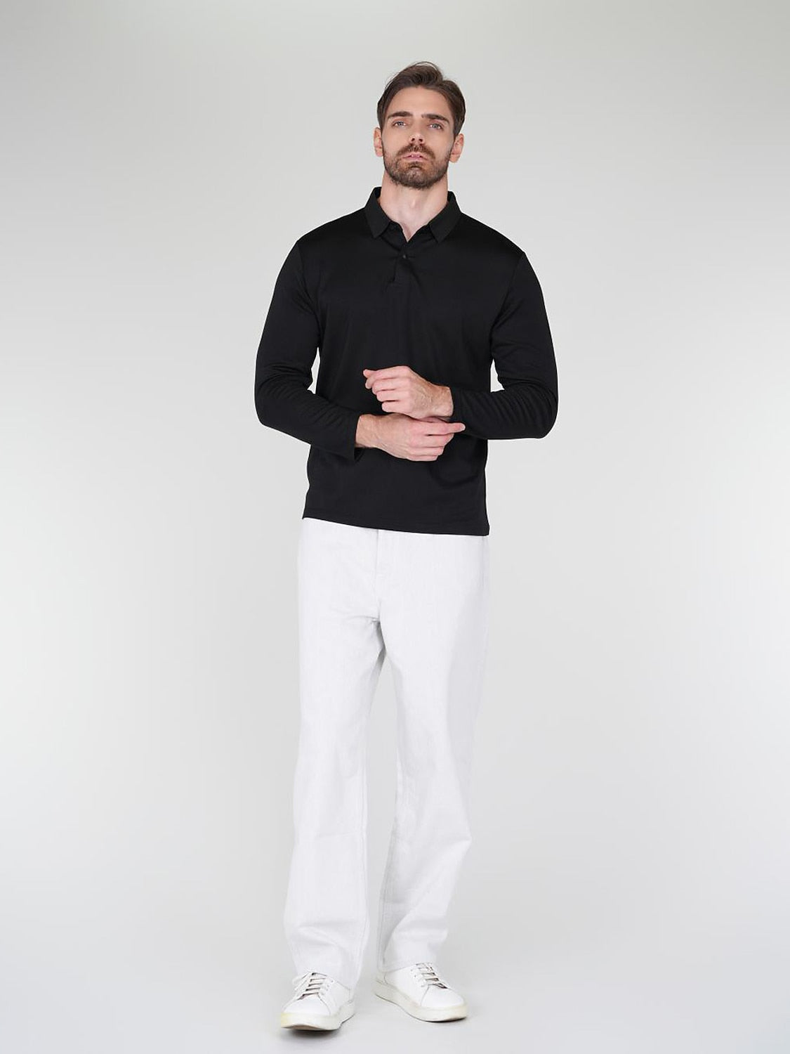 Aqua Wool Camisa Polo de Manga Larga para Hombre con Botones a Presión