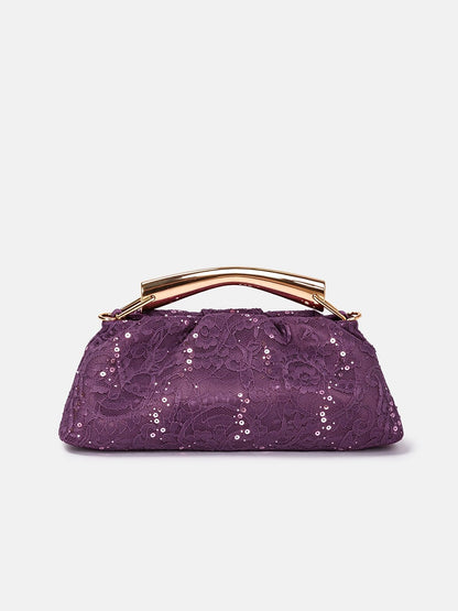 Borsa a mano Plum Shimmer con paillettes e pizzo